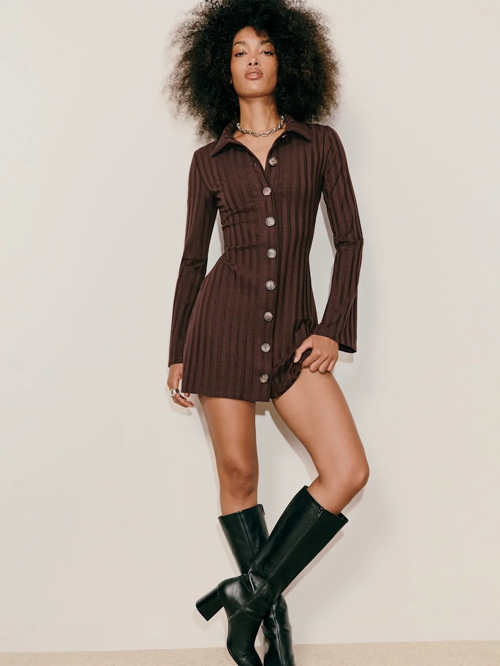 Reformation Benton Brown Ribbed Knit Button Front Collared Mini Dress Size Large